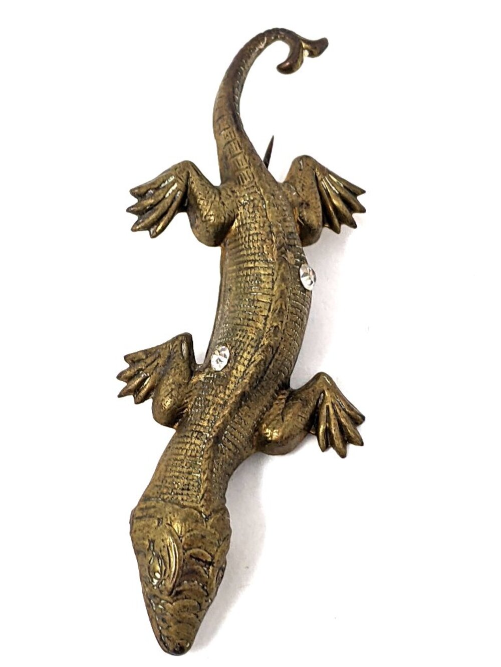 Antique Edwardian Lizard brooch Stamped Aluminum Gilt Wash rhinestones 1890 1910